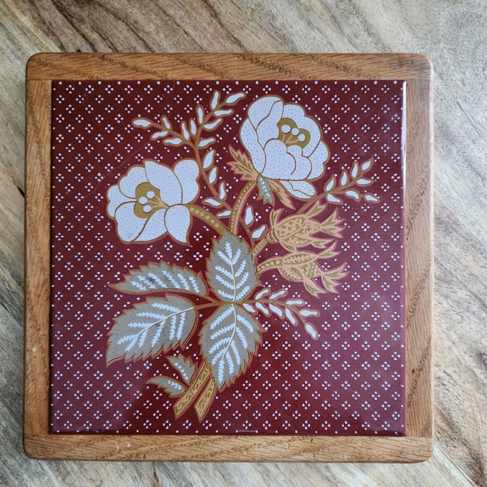 Wood and Ceramic Floral Trivet Countrycore Cottagecore